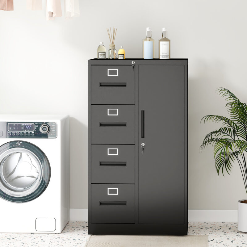 Metal Storage Vertical Filing Cabinet with Lock, Steel File Locker with 4 Drawers and 1 door for School, Living Room, Bedroom, Office (Black) - Image 2