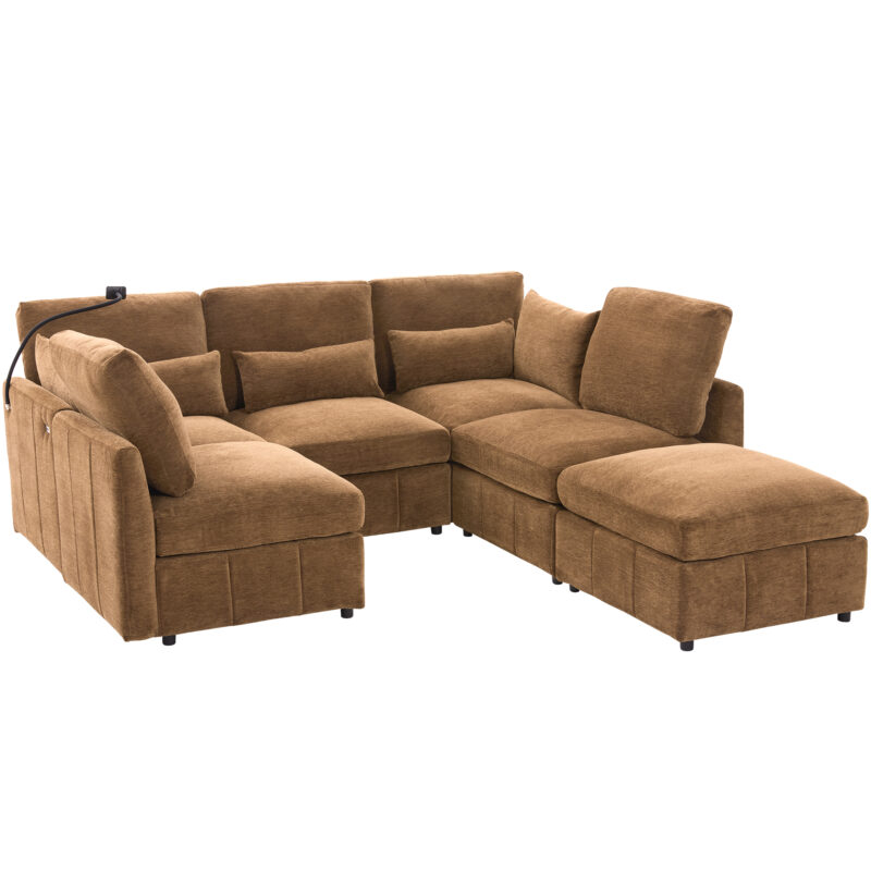 Modern Sectional Sofa Modular Sofa 85.4" U-shaped Sofa Couch Sofa Bed L-shaped Sofa with a Movable Ottoman and Two USB Ports and a Phone Holder for Living Room, Brown - Image 9
