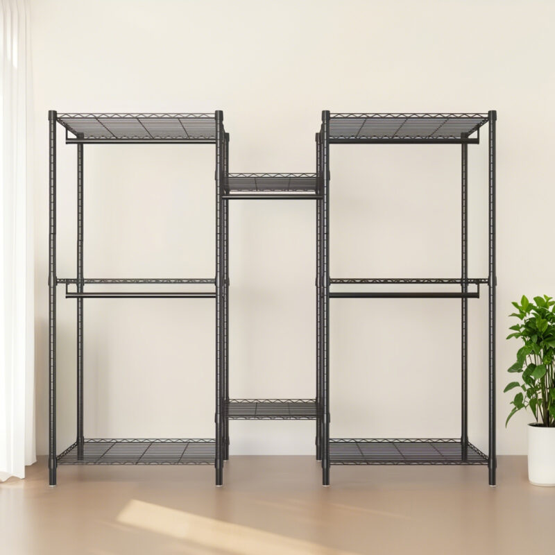 Heavy Duty Garment Rack, Freestanding Closet Organizer, Portable Wardrobe Clothes Rack, Adjustable Wire Shelving Clothes Rack with 8 Adjustable Wire Shelves and 5 Clothes Rails, Black - Image 2