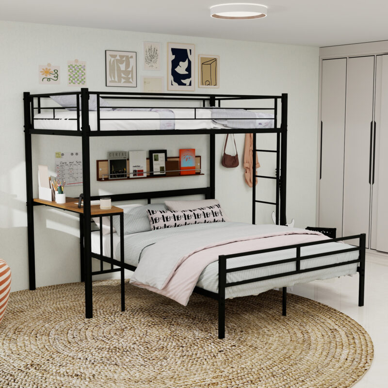 Metal Twin Over Full Bunk Bed with Desk and Shelves - Image 5