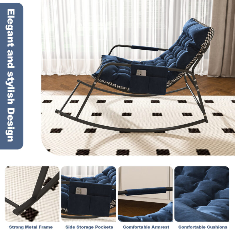 Rocking Chair with Storage, Cushions & Armrests, All-Season Comfort Lounge Recliner, Breathable Ergonomic Lounge Chair for Bedroom, Living Room, Patio, Garden(Blue) - Image 14