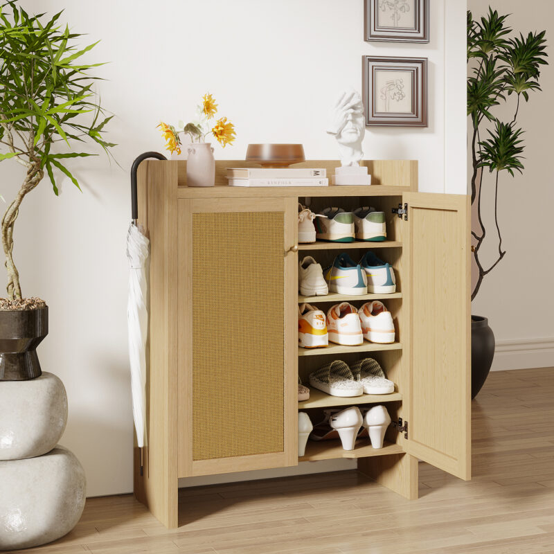 42.5" Tall Rattan Shoe Cabinet with Doors, 6-Tier Shoe Storage Cabinet with Adjustable Shelves, Wooden Freestanding Shoe Organizer Shoe Cabinet for Entryway,Hallway,Living Room - Image 4
