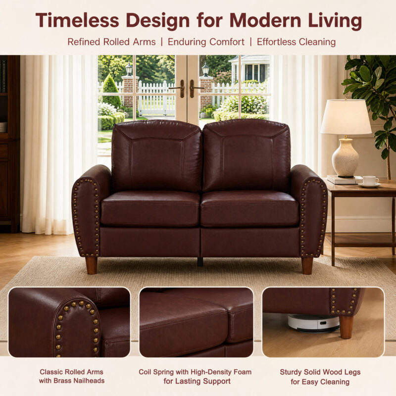 59" Classic Living Room Sofa Loveseat Faux Leather Couch,Rolled Arm Sofa with Nails,Solid Wood Legs,Upholstered Breathable PU Leather Brown - Image 13