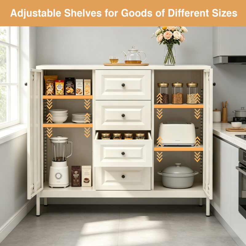 40.16'' Storage Sideboard Buffet Cabinet, Freestanding Accent Cabinet with 4 Drawers & 2 Doors, Adjustable Shelves Console Cabinet for Living Room, Kitchen ,Entryway ,Hallway ,Laundry Room(Beige) - Image 7