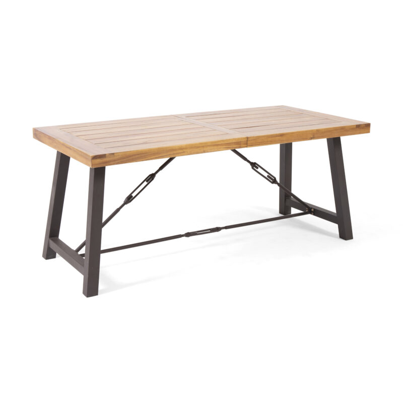 Outdoor Acacia Wood Metal Base Dining Table, Teak - Image 3