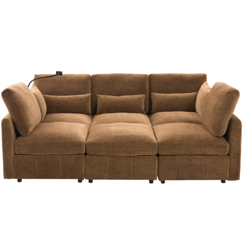 Modern Sectional Sofa Modular Sofa 85.4" U-shaped Sofa Couch Sofa Bed L-shaped Sofa with a Movable Ottoman and Two USB Ports and a Phone Holder for Living Room, Brown - Image 8