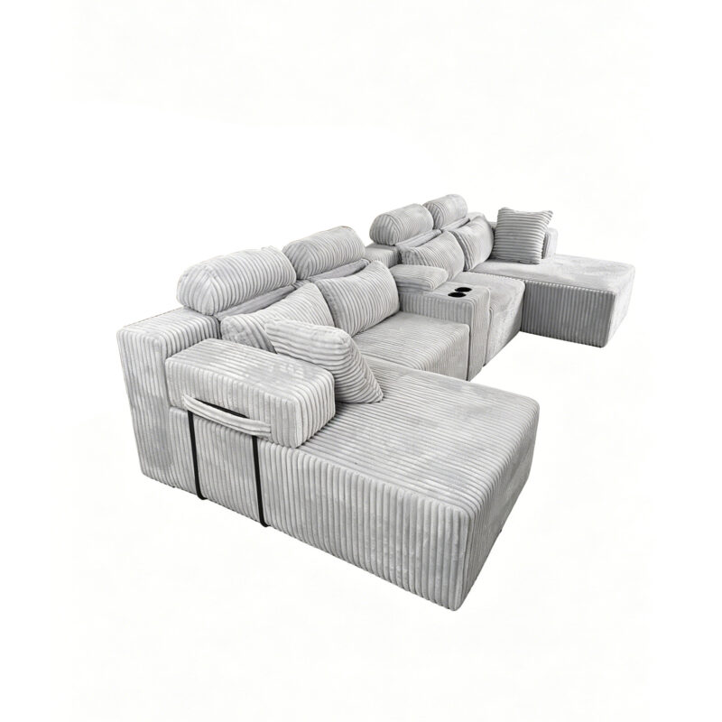 Modern Gray Velvet U-Shaped Velvet Sectional Sofa - 3-Piece Living Room Set with Chaise Lounge & Cup Holders - 145.7"/370cm Extra Large Modular Sofa for Home Theater, Family Room, Luxury Living Space - Image 10