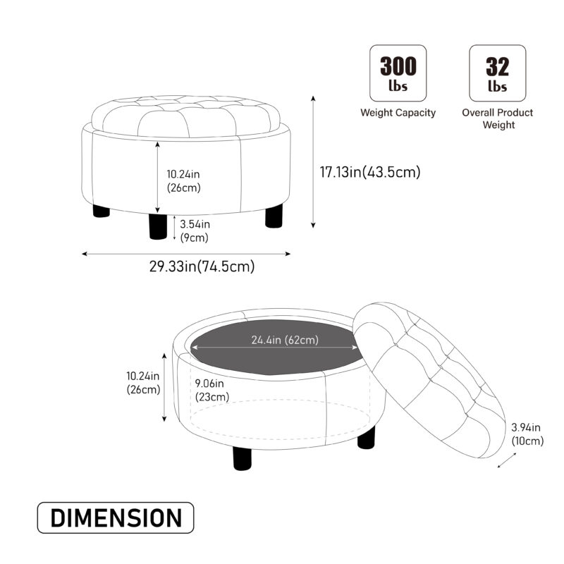 29.33"W Upholstered Round Ottoman With Reversible Lid, Fleece Fabric Storage Stool, Hand-pulled buckle decoration Design Footstool for Living room, Bedroom and Office - Image 10