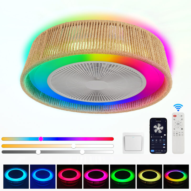 21" Modern Rustic Ceiling Fan Light with LED RGB Mood Lighting, Rope Woven Design, Quiet Fan, Semi Flush Mount for Bedroom, Living Room, or Dining Room ((Silent/6-Speed/Reversible/DC Motor)) - Image 10
