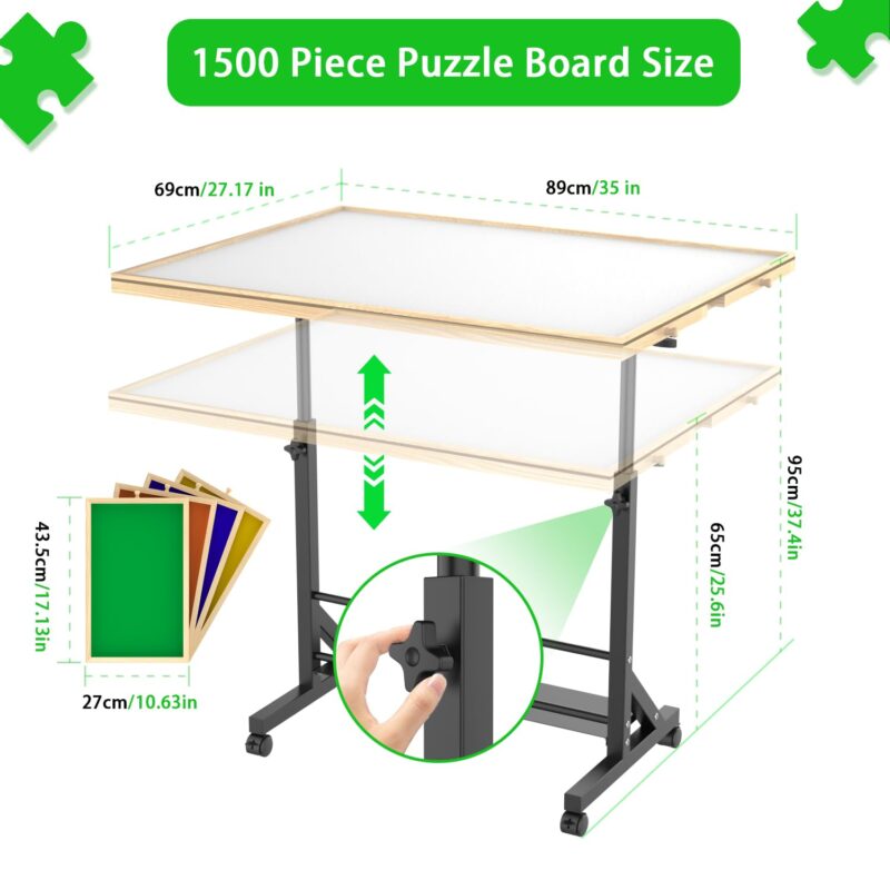 Wooden 1500 Piece Puzzle Table with Drawer, 35"*27.17" Adjustable Puzzle Table, 360° Tilting Puzzle Table with Legs and Wheels, Adjustable Height and Angle, with Protective Cover - Image 4