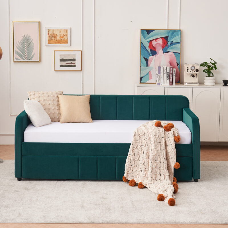 Twin Upholstered Daybed Frame with Trundle, Twin Size Sofa Bed for Bedroom Living Room Guest Room, Wood Slat Support - Image 4