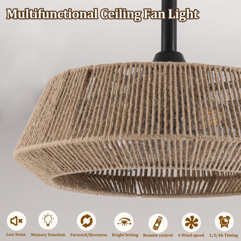 19" Bedroom Fan Light with Rope Suspension with 4 Bulbs, Dimmable, 7 Dlades, Reversible DC Motor - Image 9