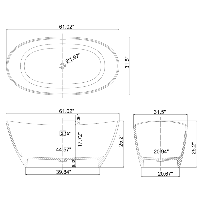 61 inch freestanding solid surface soaking bathtub for bathroom - Image 3