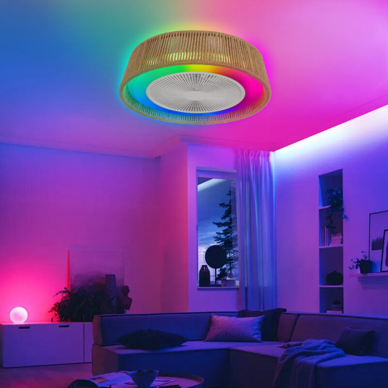 21" Modern Rustic Ceiling Fan Light with LED RGB Mood Lighting, Rope Woven Design, Quiet Fan, Semi Flush Mount for Bedroom, Living Room, or Dining Room ((Silent/6-Speed/Reversible/DC Motor)) - Image 2