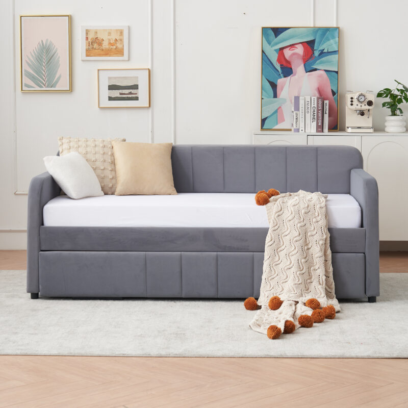 Twin Upholstered Daybed Frame with Trundle, Twin Size Sofa Bed for Bedroom Living Room Guest Room, Wood Slat Support - Image 10