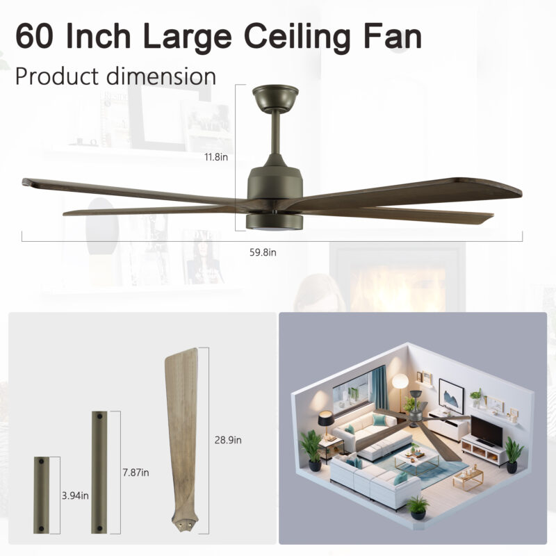 60" Modern Wood Ceiling Fan with Light and Remote Control,6-Speed Noiseless Reversible DC Motor, Ceiling Fan for Kitchen Dinning Living Room - Image 6
