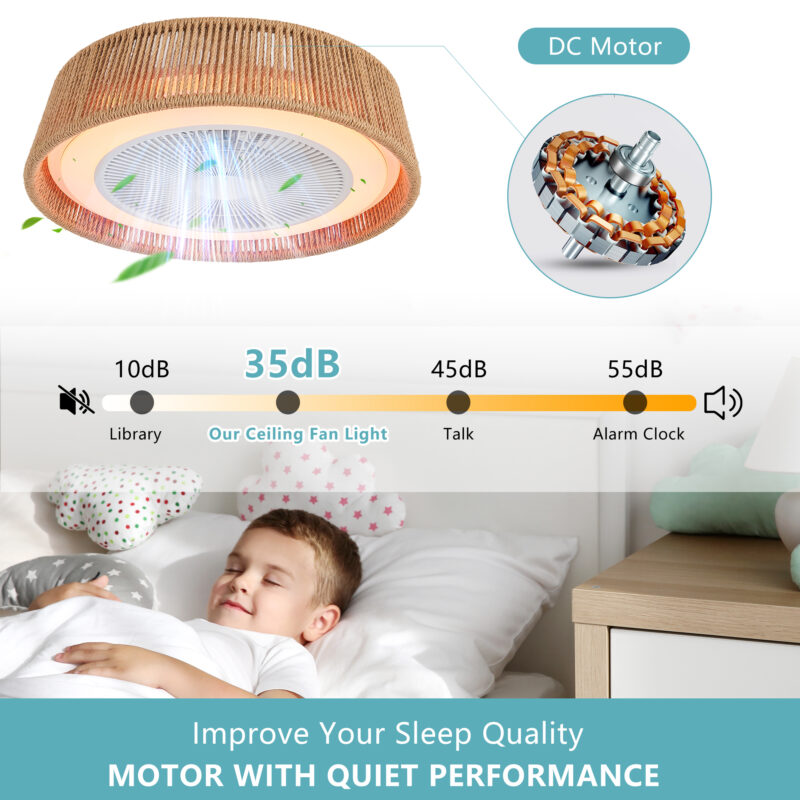 21" Modern Rustic Ceiling Fan Light with LED RGB Mood Lighting, Rope Woven Design, Quiet Fan, Semi Flush Mount for Bedroom, Living Room, or Dining Room ((Silent/6-Speed/Reversible/DC Motor)) - Image 7