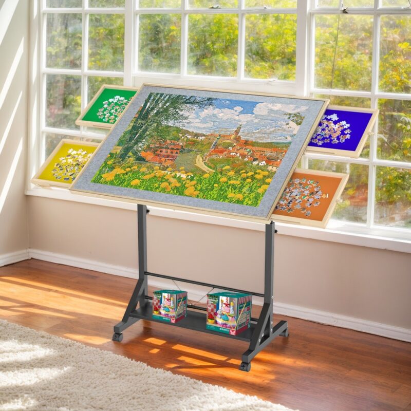 Wooden 1500 Piece Puzzle Table with Drawer, 35"*27.17" Adjustable Puzzle Table, 360° Tilting Puzzle Table with Legs and Wheels, Adjustable Height and Angle, with Protective Cover - Image 11