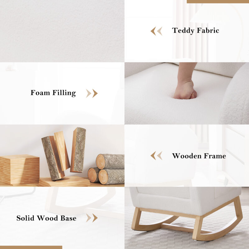015B-Teddy Fabric Leisure Rocking Chair,Nursery Rocking Chair With Adjustable Footstool,Thickened Headrest And High Backrest, Storage Pocket On The Right Side,The Base Rocker Is Solid Wood - Image 7