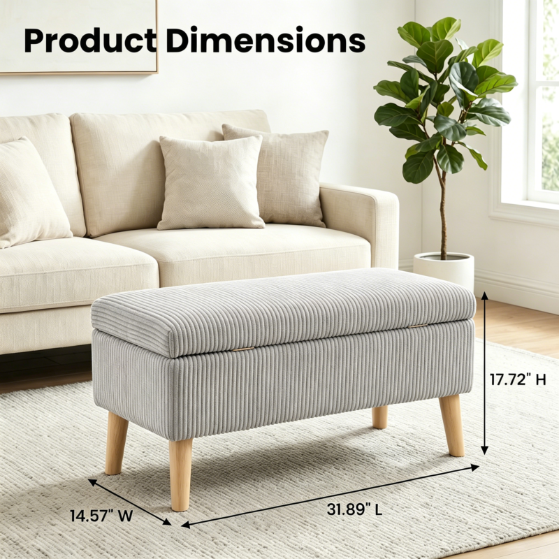 32 inch Wide Olive Beige Corduroy Storage Ottoman Bench with Wooden Legs, Flip-Top Storage Box, Soft Upholstered End of Bed Bench, Footrest & Shoe Bench for Bedroom, Living Room, Entryway - Image 7