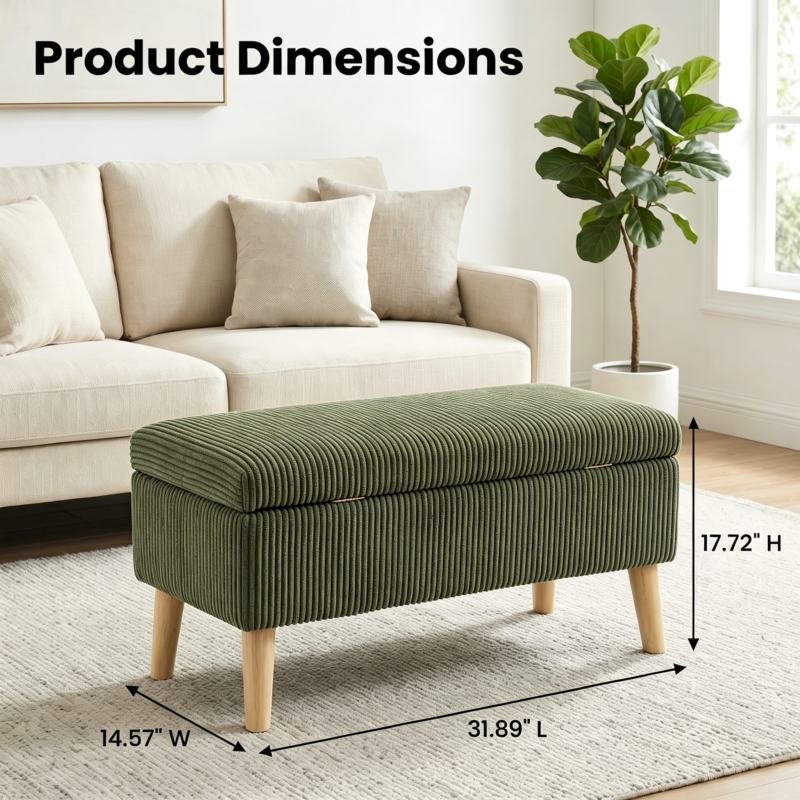 32 inch Wide Olive Beige Corduroy Storage Ottoman Bench with Wooden Legs, Flip-Top Storage Box, Soft Upholstered End of Bed Bench, Footrest & Shoe Bench for Bedroom, Living Room, Entryway - Image 34