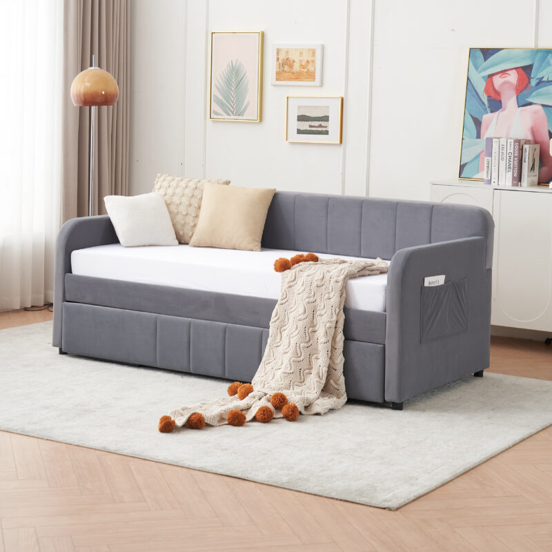 Twin Upholstered Daybed Frame with Trundle, Twin Size Sofa Bed for Bedroom Living Room Guest Room, Wood Slat Support - Image 9