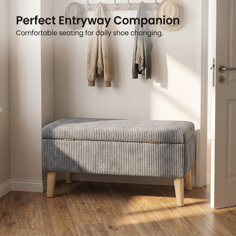 32 inch Wide Olive Beige Corduroy Storage Ottoman Bench with Wooden Legs, Flip-Top Storage Box, Soft Upholstered End of Bed Bench, Footrest & Shoe Bench for Bedroom, Living Room, Entryway - Image 25