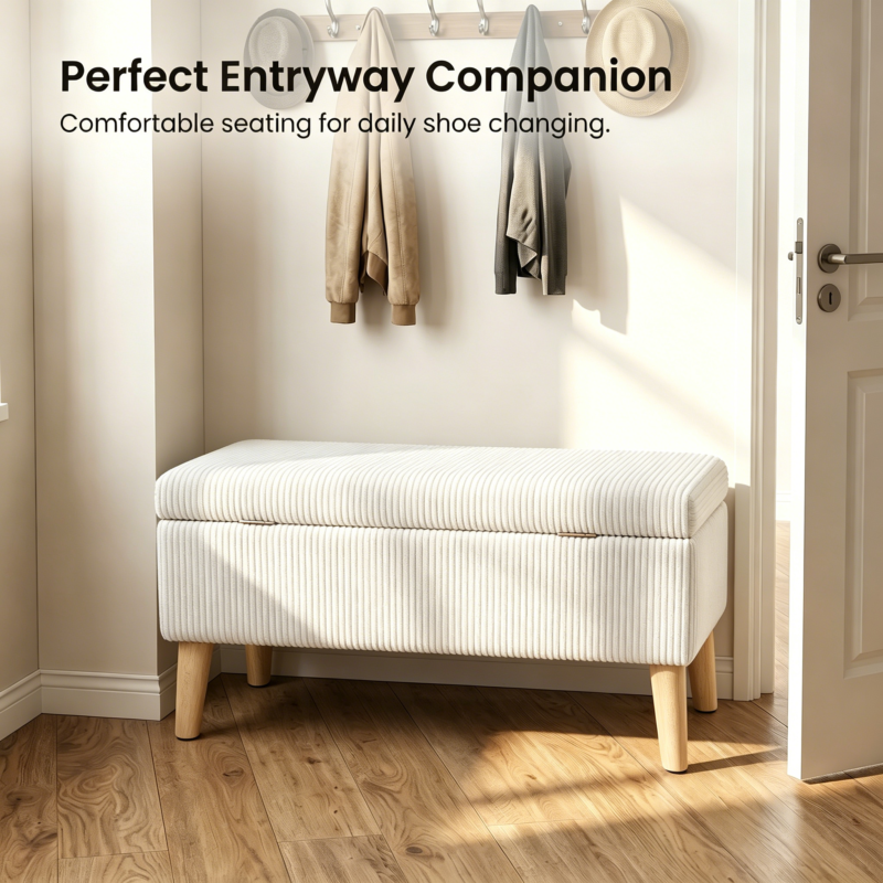 32 inch Wide Olive Beige Corduroy Storage Ottoman Bench with Wooden Legs, Flip-Top Storage Box, Soft Upholstered End of Bed Bench, Footrest & Shoe Bench for Bedroom, Living Room, Entryway - Image 6