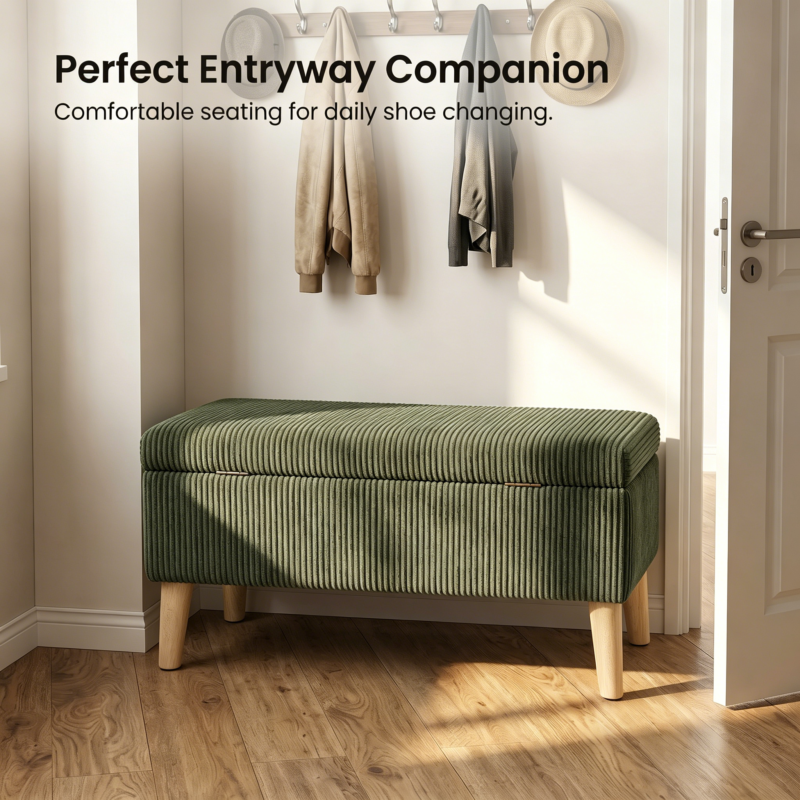 32 inch Wide Olive Beige Corduroy Storage Ottoman Bench with Wooden Legs, Flip-Top Storage Box, Soft Upholstered End of Bed Bench, Footrest & Shoe Bench for Bedroom, Living Room, Entryway - Image 33