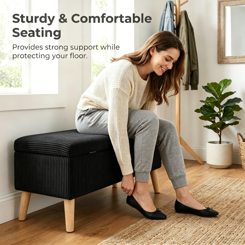 32 inch Wide Olive Beige Corduroy Storage Ottoman Bench with Wooden Legs, Flip-Top Storage Box, Soft Upholstered End of Bed Bench, Footrest & Shoe Bench for Bedroom, Living Room, Entryway - Image 13