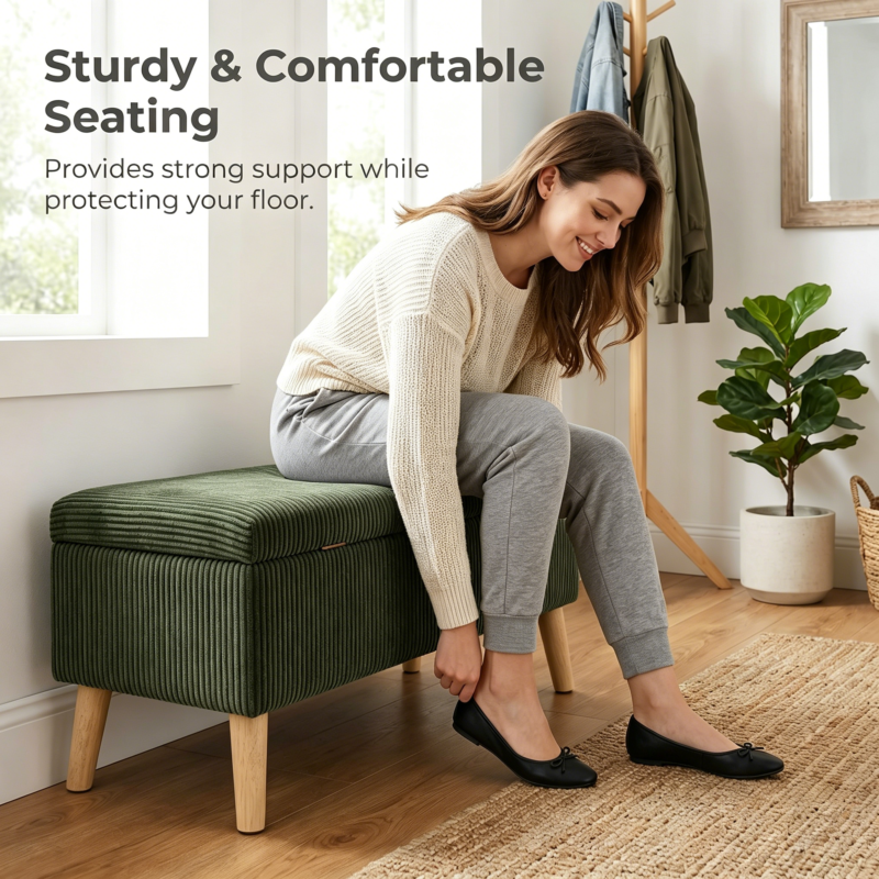 32 inch Wide Olive Beige Corduroy Storage Ottoman Bench with Wooden Legs, Flip-Top Storage Box, Soft Upholstered End of Bed Bench, Footrest & Shoe Bench for Bedroom, Living Room, Entryway - Image 32