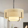 19.7'' Farmhouse Boho Chandelier,4-Light Hand Woven Rattan Pendant Light with Fabric Shade Rustic Drum Chandelier for Dining Room Kitchen Bedroom Foyer Entryway Living Room