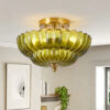 11.8 inch Kitchen Ceiling Light, 3-Light Semi Flush Mount Ceiling Lamp with Flower Glass, Vintage Close to Ceiling Light Fixtures for Bathroom Bedroom Hallway Entryway, Green