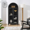 A high arched storage cabinet with a lamp, a modern retro-style wooden storage cabinet with adjustable glass partitions, suitable for use as a multi-functional cabinet in kitchens-Black