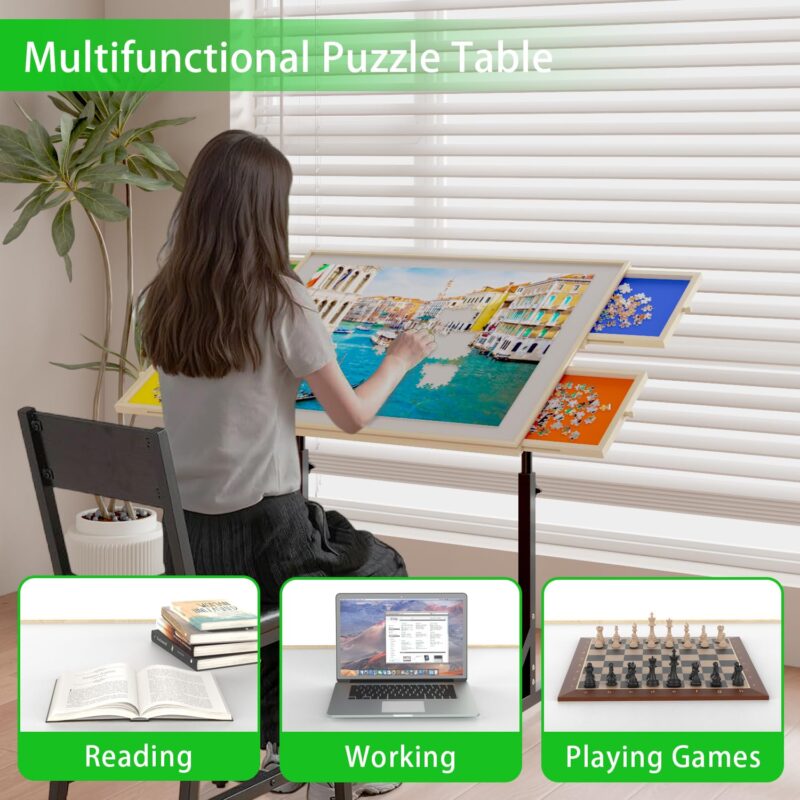 Wooden 1500 Piece Puzzle Table with Drawer, 35"*27.17" Adjustable Puzzle Table, 360° Tilting Puzzle Table with Legs and Wheels, Adjustable Height and Angle, with Protective Cover - Image 3