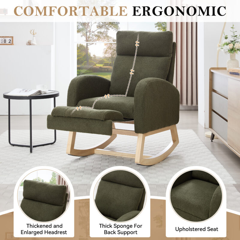 015B-Teddy Fabric Leisure Rocking Chair,Nursery Rocking Chair With Adjustable Footstool,Thickened Headrest And High Backrest, Storage Pocket On The Right Side,The Base Rocker Is Solid Wood - Image 14