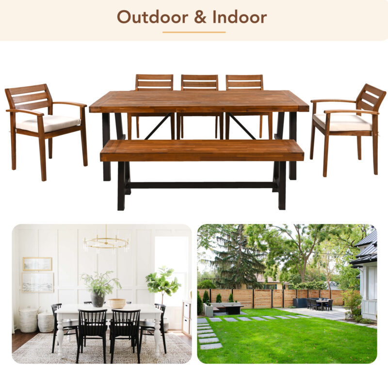GO Outdoor Wood Dining Set For 7-8 Person, Outdoor Dining Furniture With Removable Cushions, Ergonomic Chairs And Bench, Thicker Table, Nature - Image 4