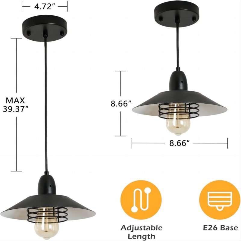 Farmhouse Vintage Pendant Light Black Fixture Pendant Lights with Spring Frame Adjustable Metal Hanging Lamp for Kitchen Island Dining Room Bedroom Living Room Barn Entryy, E26 - Image 6