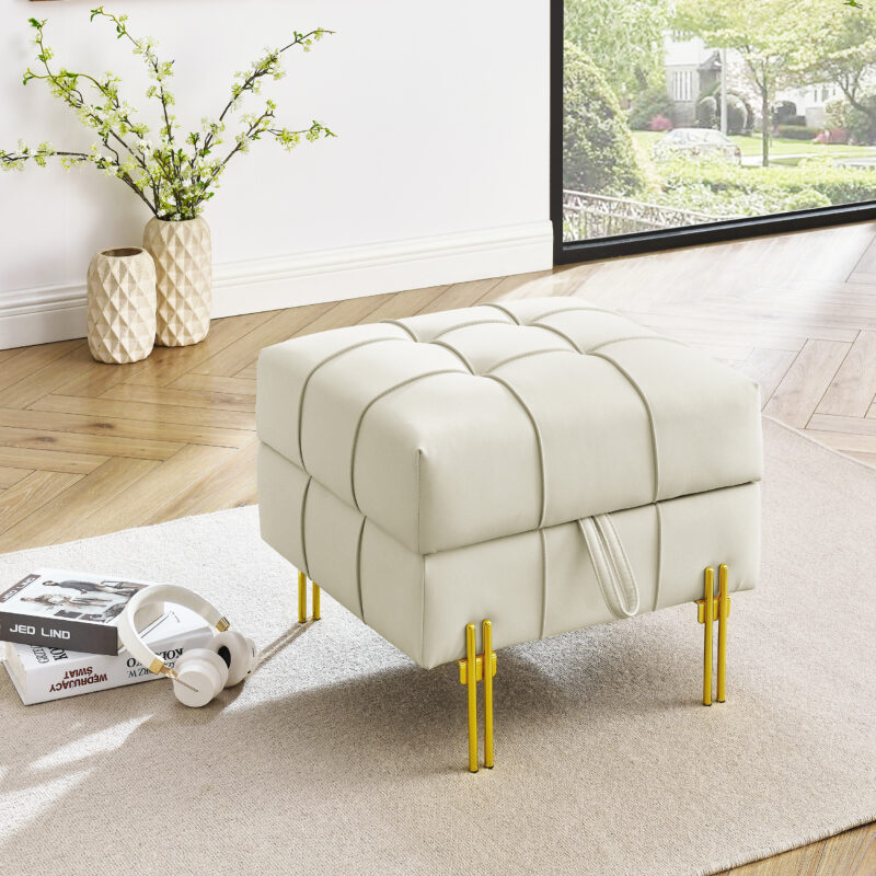 2 inches Anti-scratch Leather Storage Ottoman, Pet Friendly Entryway Bench with Golden Stainless Steel Legs - Image 10