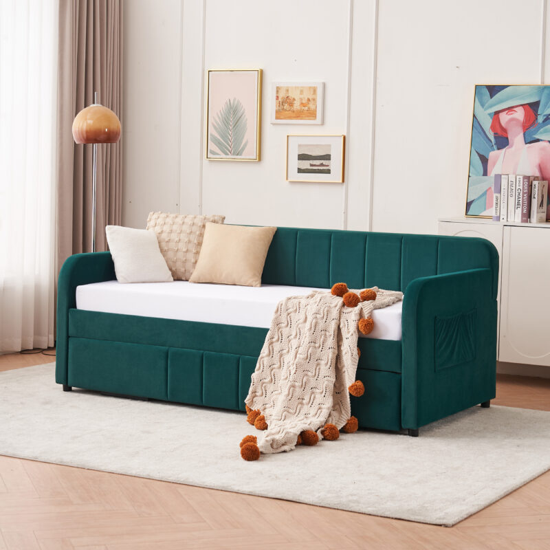 Twin Upholstered Daybed Frame with Trundle, Twin Size Sofa Bed for Bedroom Living Room Guest Room, Wood Slat Support - Image 2