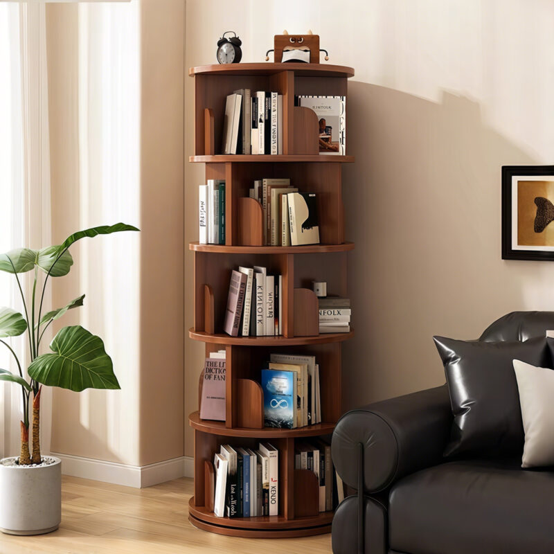 5 Tier Rotating Bookshelf, 360° Display Round Spinning Bookshelf, Space-Saving, Small Space Rotating Bookshelf Tower for Bedroom, Living Room, Home, Office, Wood Color - Image 2