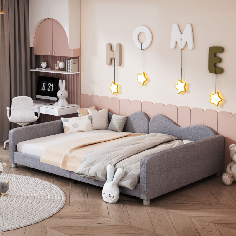 Full size Upholstered Daybed, Sherpa Fabric Sofabed with Cloud-Shaped Backrest, No Box-spring Needed - Image 5