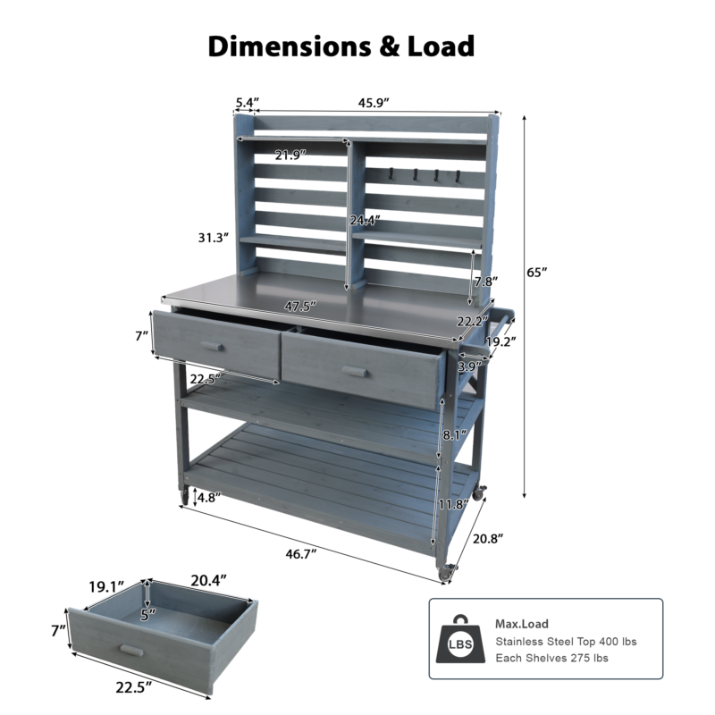 K&K 64.9"H Outdoor Potting Bench Table with Lockable Wheels, Solid Wood Outdoor Kitchen Island with Upper Hutch, Stainless Steel Top, Towel Rack ,Outdoor Storage for Grilling, Lawn Garden -Grey Blue - Image 4
