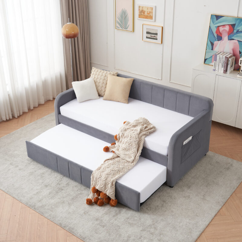 Twin Upholstered Daybed Frame with Trundle, Twin Size Sofa Bed for Bedroom Living Room Guest Room, Wood Slat Support - Image 8