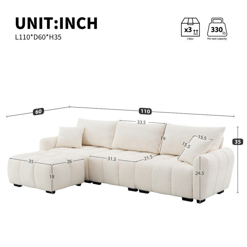 110" Modular Sectional Sofa, L Shape with Extra-large Seat, Pull-line Design, Movable Ottoman, High Density Foam, Free Combination, Sturdy Metal&Wood Frame, Boucle Fabric, 3 Colors - Image 9