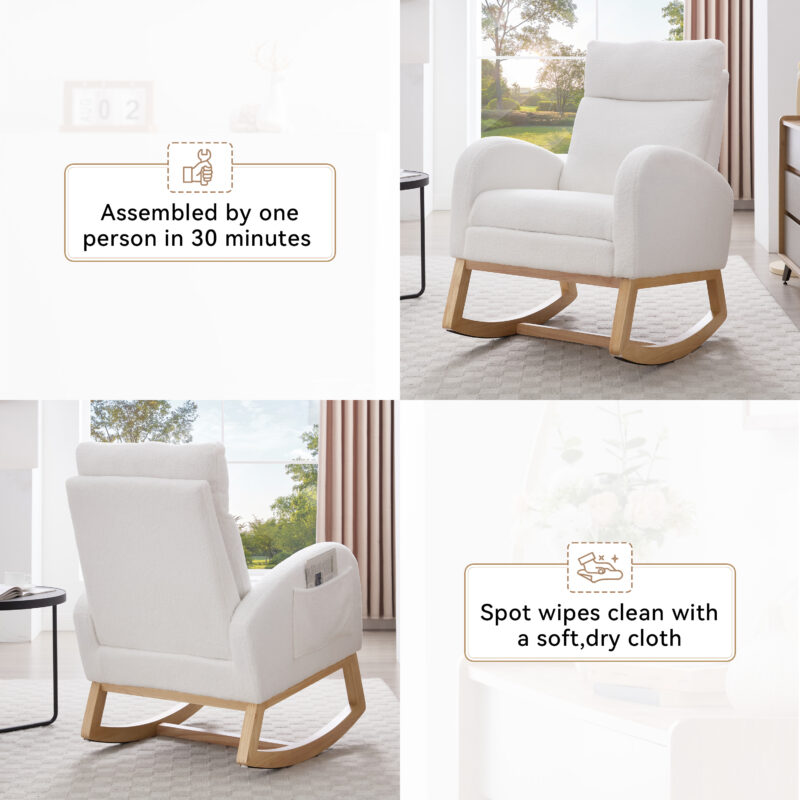015B-Teddy Fabric Leisure Rocking Chair,Nursery Rocking Chair With Adjustable Footstool,Thickened Headrest And High Backrest, Storage Pocket On The Right Side,The Base Rocker Is Solid Wood - Image 5