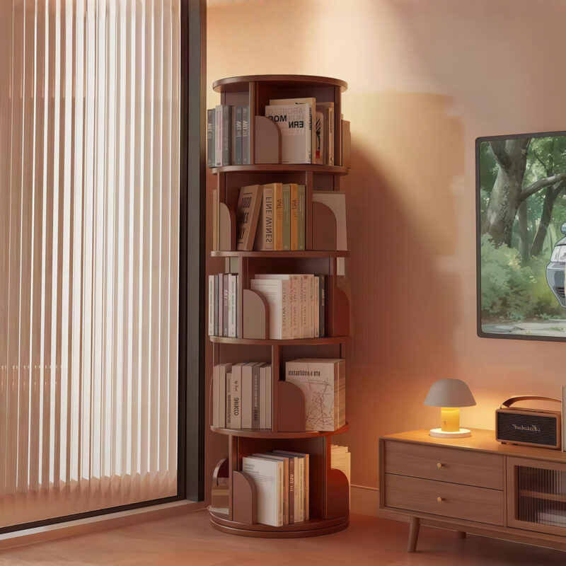 5 Tier Rotating Bookshelf, 360° Display Round Spinning Bookshelf, Space-Saving, Small Space Rotating Bookshelf Tower for Bedroom, Living Room, Home, Office, Wood Color - Image 5