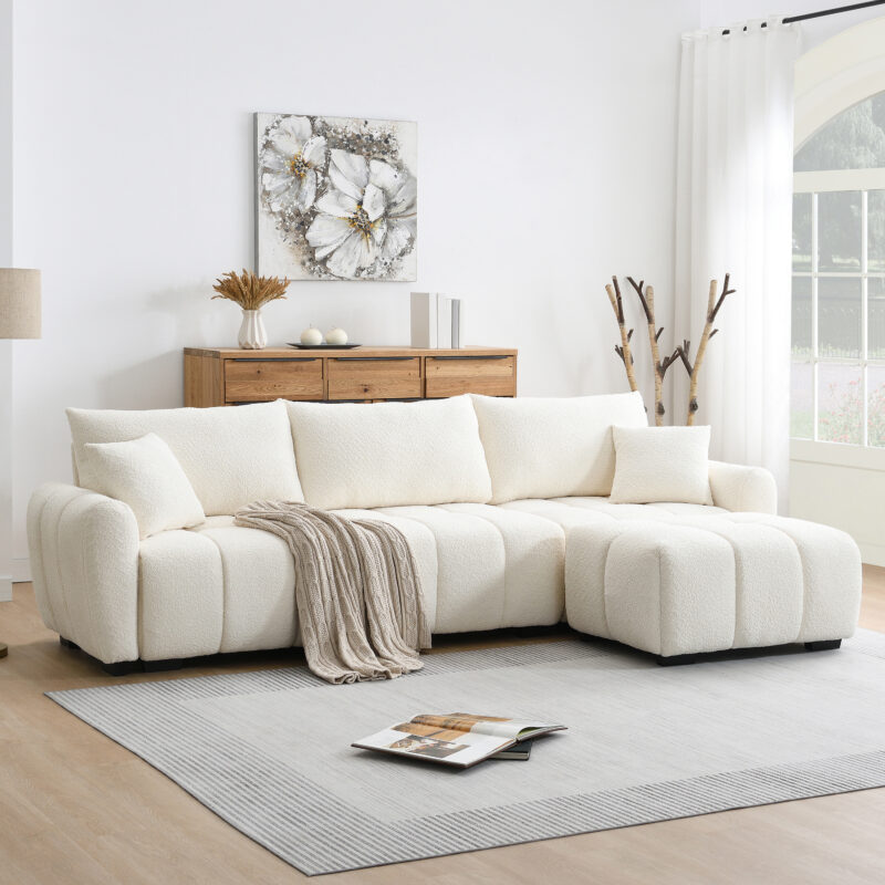 110" Modular Sectional Sofa, L Shape with Extra-large Seat, Pull-line Design, Movable Ottoman, High Density Foam, Free Combination, Sturdy Metal&Wood Frame, Boucle Fabric, 3 Colors - Image 8