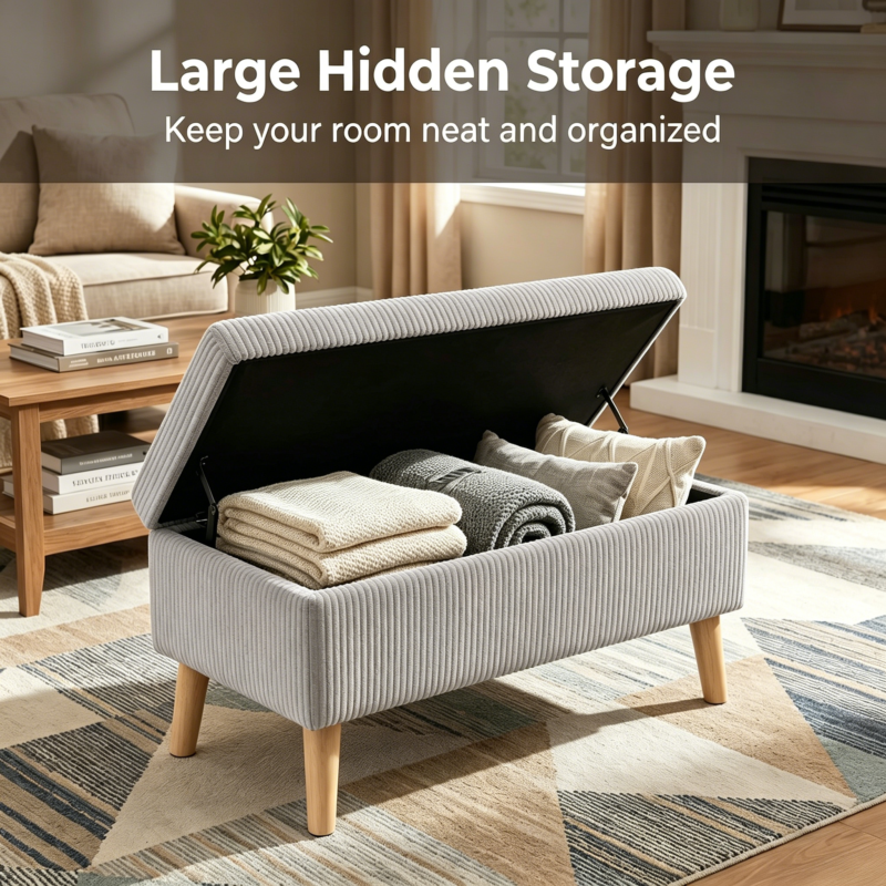 32 inch Wide Olive Beige Corduroy Storage Ottoman Bench with Wooden Legs, Flip-Top Storage Box, Soft Upholstered End of Bed Bench, Footrest & Shoe Bench for Bedroom, Living Room, Entryway - Image 2