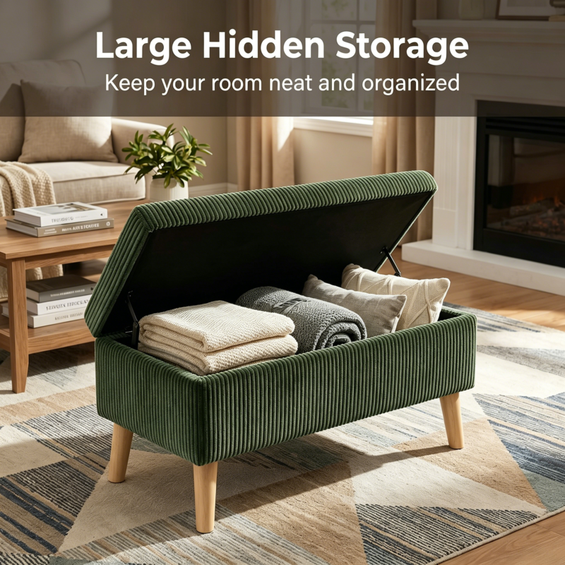 32 inch Wide Olive Beige Corduroy Storage Ottoman Bench with Wooden Legs, Flip-Top Storage Box, Soft Upholstered End of Bed Bench, Footrest & Shoe Bench for Bedroom, Living Room, Entryway - Image 29